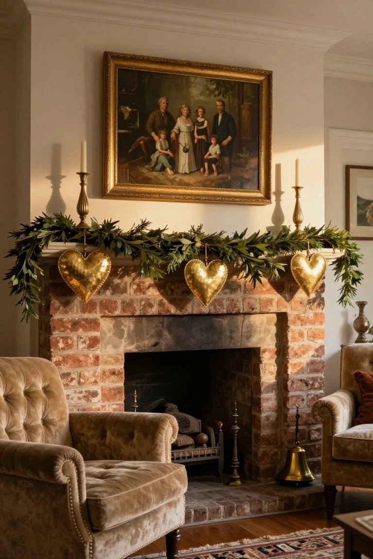 A brick fireplace mantel decorated with a garland of green eucalyptus leaves and three large hammered gold heart-shaped ornaments hanging from it, with velvet armchairs on either side and a gold-framed family portrait above.