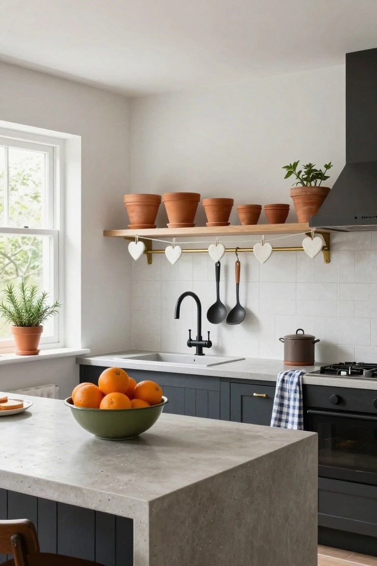 Modern kitchen interior featuring navy cabinets, white subway tile backsplash, concrete countertop island with bowl of oranges, wooden shelf with terracotta pots and white heart-shaped ornaments hanging from gold bar above sink, black utensils and cookware nearby.
