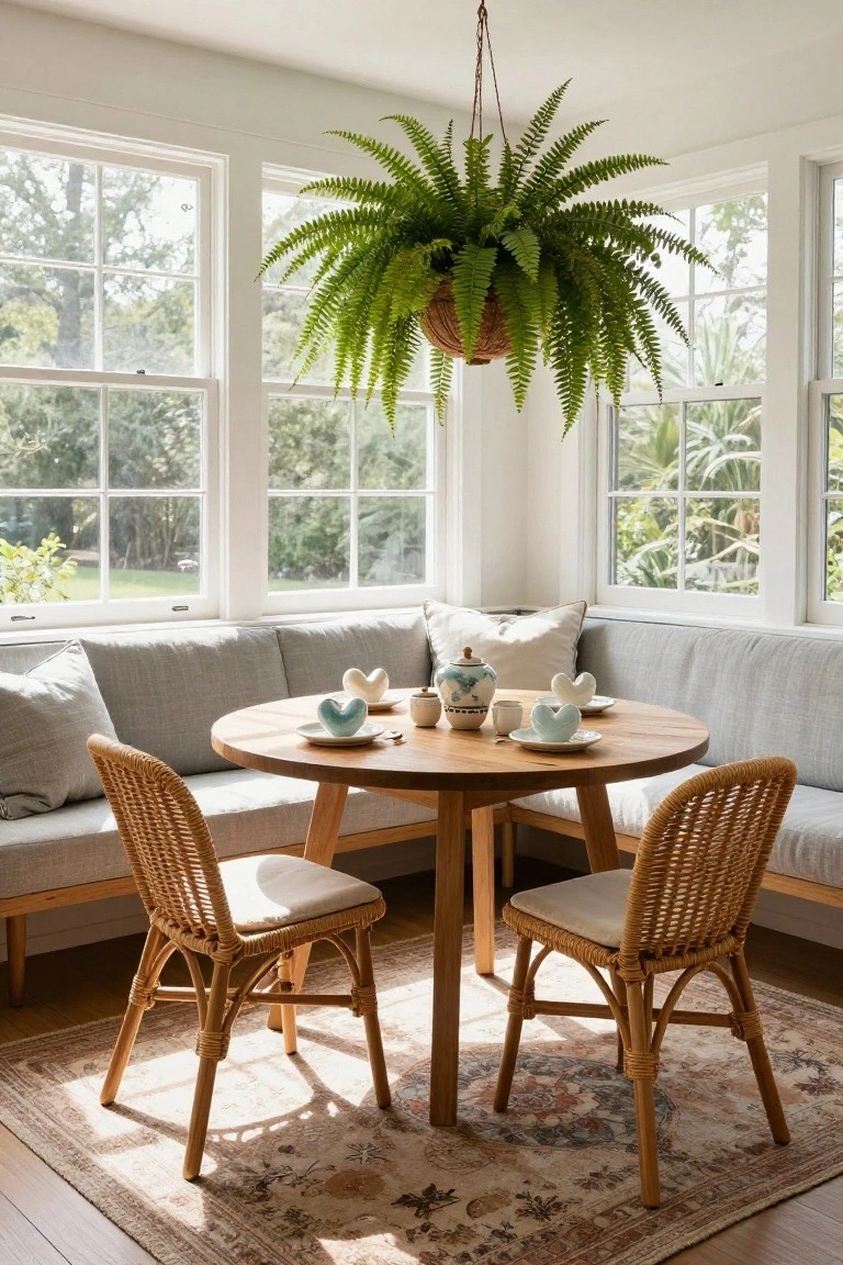 Sunlit interior breakfast nook with L-shaped gray fabric banquette, round wooden table set with white heart-shaped ceramic dishes and saucers plus blue lidded jars, two rattan chairs, hanging fern plant above, large white-framed windows showing trees and garden outside, patterned rug on wood floor