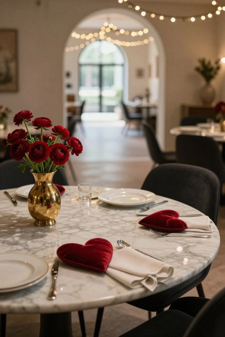 Close-up view of a round white marble dining table set with white plates, cutlery, a gold vase of red ranunculus flowers, two red velvet heart-shaped napkin accents, and glasses, with black chairs and a blurred warmly lit interior in the background.
