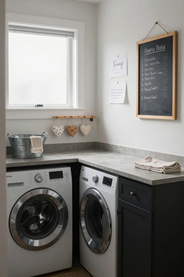 White laundry room with two front-loading washers under a gray countertop, wooden peg rail with four heart-shaped ornaments, galvanized bucket holding a linen towel, and a framed chalkboard list on the wall next to a window.
