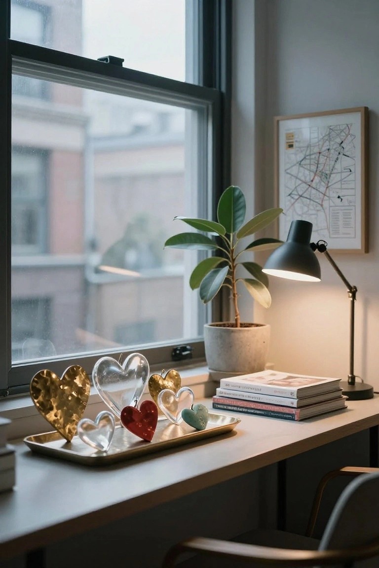 A wooden desk by a rainy window holds a gold tray with heart-shaped clear glass, gold metallic, and red ornaments, next to a potted plant, black desk lamp, and stacked books.