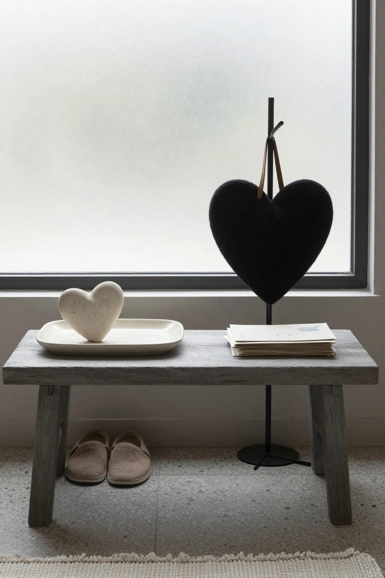 Rustic wooden bench before a frosted window holds a white heart-shaped ceramic ornament on a plate and stacked papers, with a black heart-shaped felt ornament on a stand beside it and slippers on the floor.