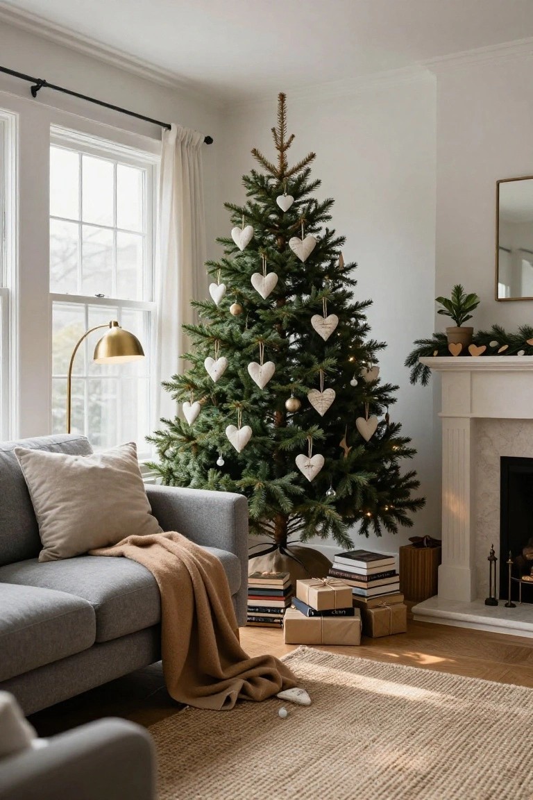Living room corner featuring a Christmas tree decorated with white heart-shaped ornaments, gray sofa with beige throw, gold arc lamp, stacked books and gifts, and white marble fireplace with greenery garland.