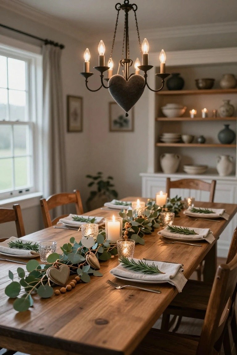 Wooden dining table in a cozy room set with eucalyptus garland runner featuring dangling heart ornaments, candles, glass votives, linen napkins with rosemary sprigs, and wooden chairs under a black heart chandelier.