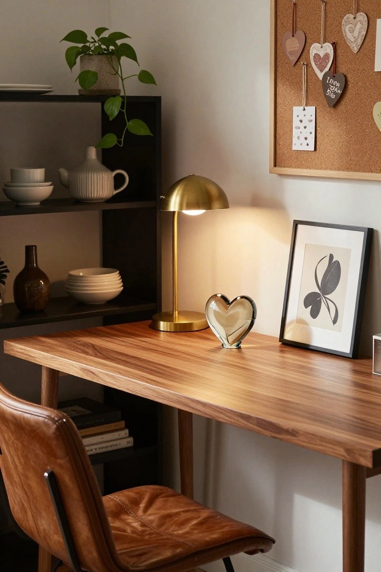 Home office corner with wooden desk, brown leather chair, gold lamp, clear glass heart-shaped ornament on desk, black shelves holding pottery and plants, and corkboard with hanging heart decorations.