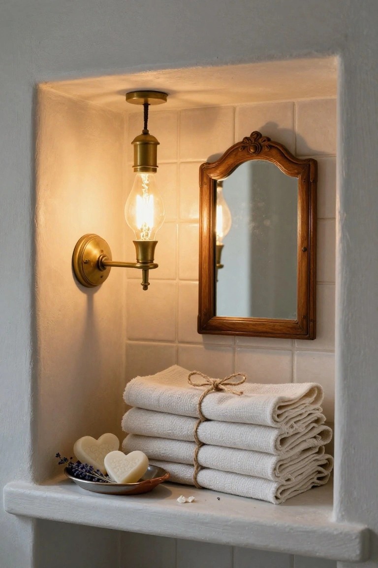 Recessed white plaster wall niche in a bathroom with brass wall lights and pendant bulb, small ornate wooden mirror, stacked white towels tied with twine, and heart-shaped white soaps with lavender in a brass dish.