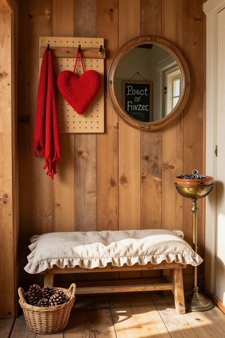 Wood-paneled entryway with pegboard holding red knitted heart and scarf, white-cushioned bench, round wood mirror, brass key stand, and wicker pinecone basket on wood floor.