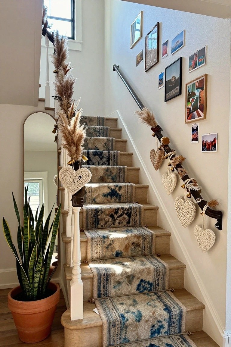 Indoor staircase with blue and white patterned carpet runner on stone steps, dark wood banister decorated with white crochet heart garlands, pampas grass, bells, and small plants, plus an arched mirror, snake plant in terracotta pot, and assorted framed photos on white walls.