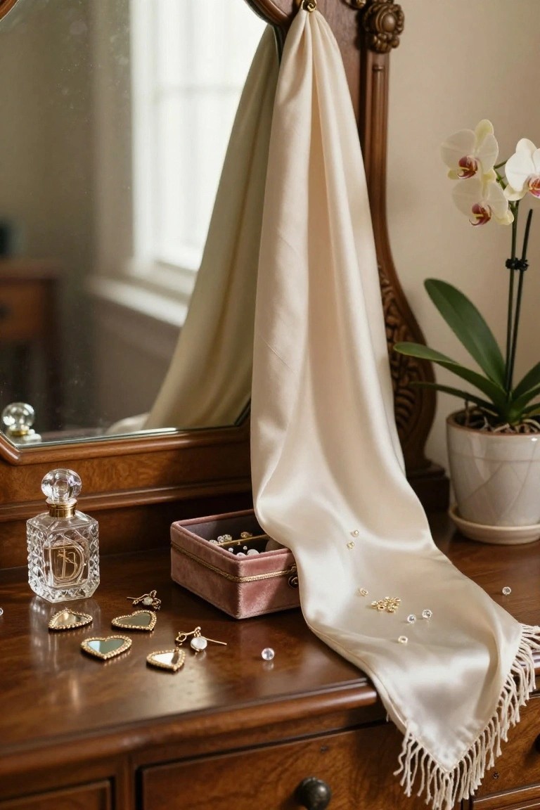 Wooden vanity dresser with ornate mirror draped in beige silk scarf, gold heart-shaped mirrored earrings and jewelry scattered on top, velvet jewelry box with pearls, crystal perfume bottle labeled D, and potted white orchid plant nearby.