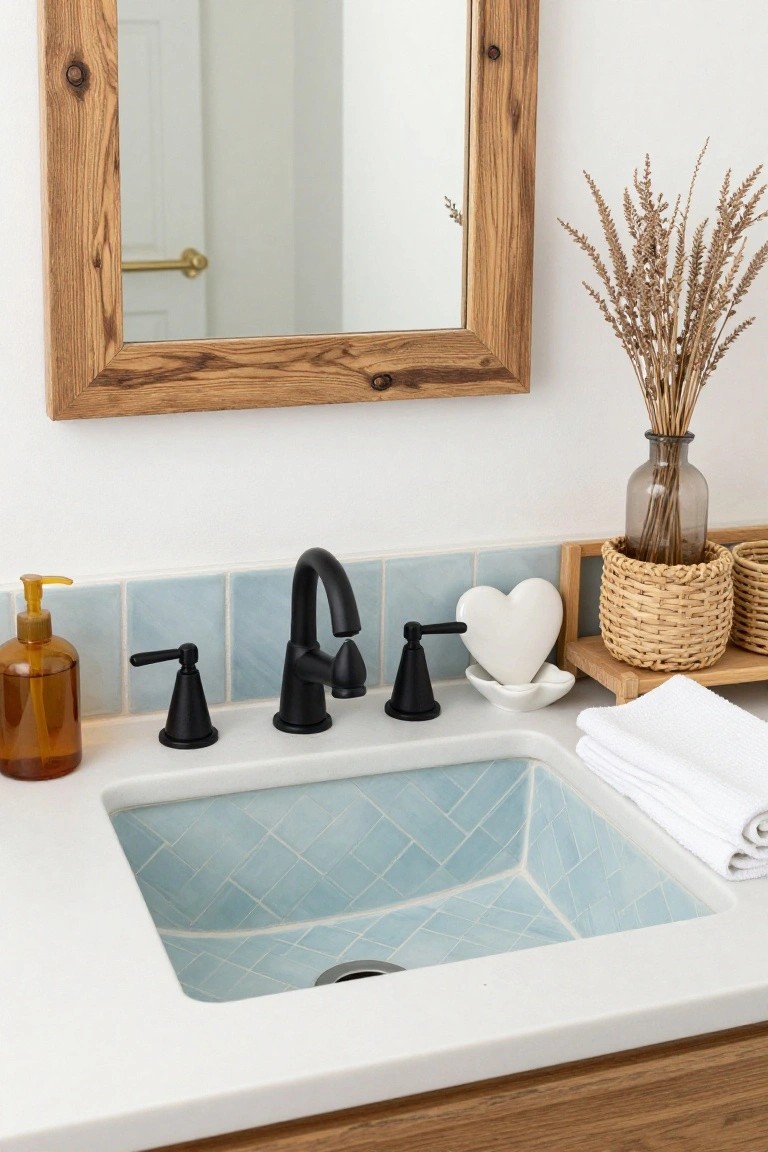 Bathroom vanity with white quartz countertop, blue tiled undermount sink, black bridge faucet, wooden shelf holding white heart-shaped dish, soap dispenser, dried pampas grass in glass vase, wicker baskets, and folded white towels beside rustic wood-framed mirror.