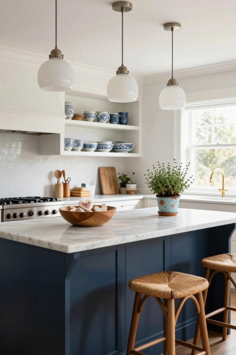 Kitchen with navy island cabinets, white marble countertop holding a wooden bowl of heart-shaped red and white cookies, rattan bar stools, white globe pendant lights, blue and white china on open shelves, and herb plants.