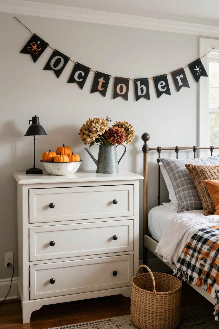 White three-drawer nightstand beside a brass bed frame, holding a black desk lamp, white bowl filled with small orange pumpkins, galvanized metal watering can with beige hydrangea bouquet, black 