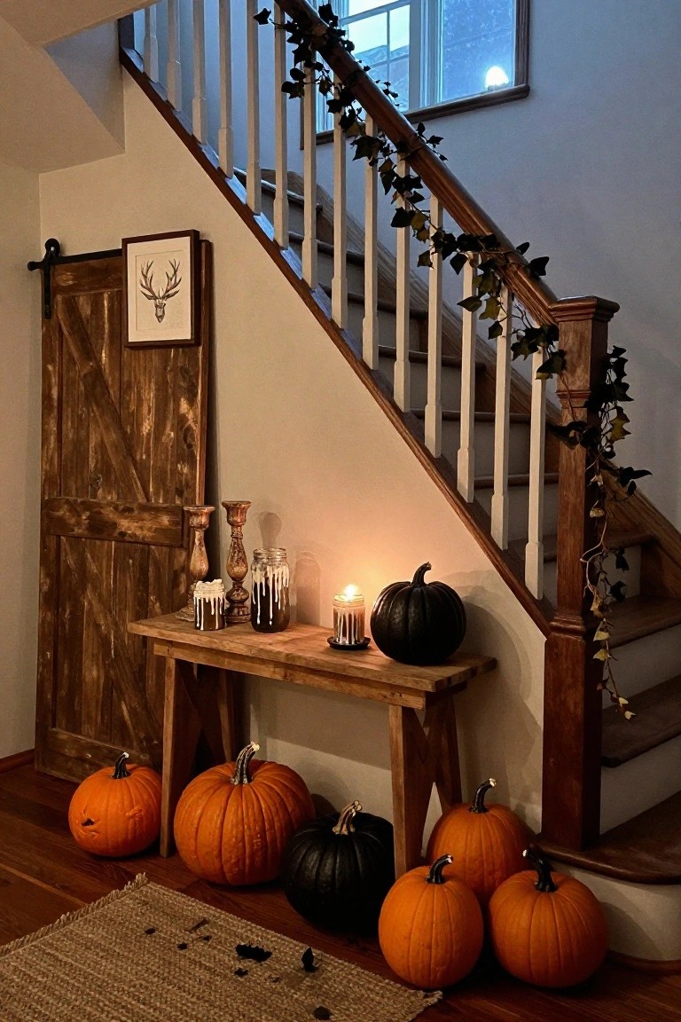 Rustic wooden console table at the base of a white-railed staircase holds orange and black pumpkins and various candles, with ivy garlands on the railing, a wooden door nearby, and more pumpkins on the floor.