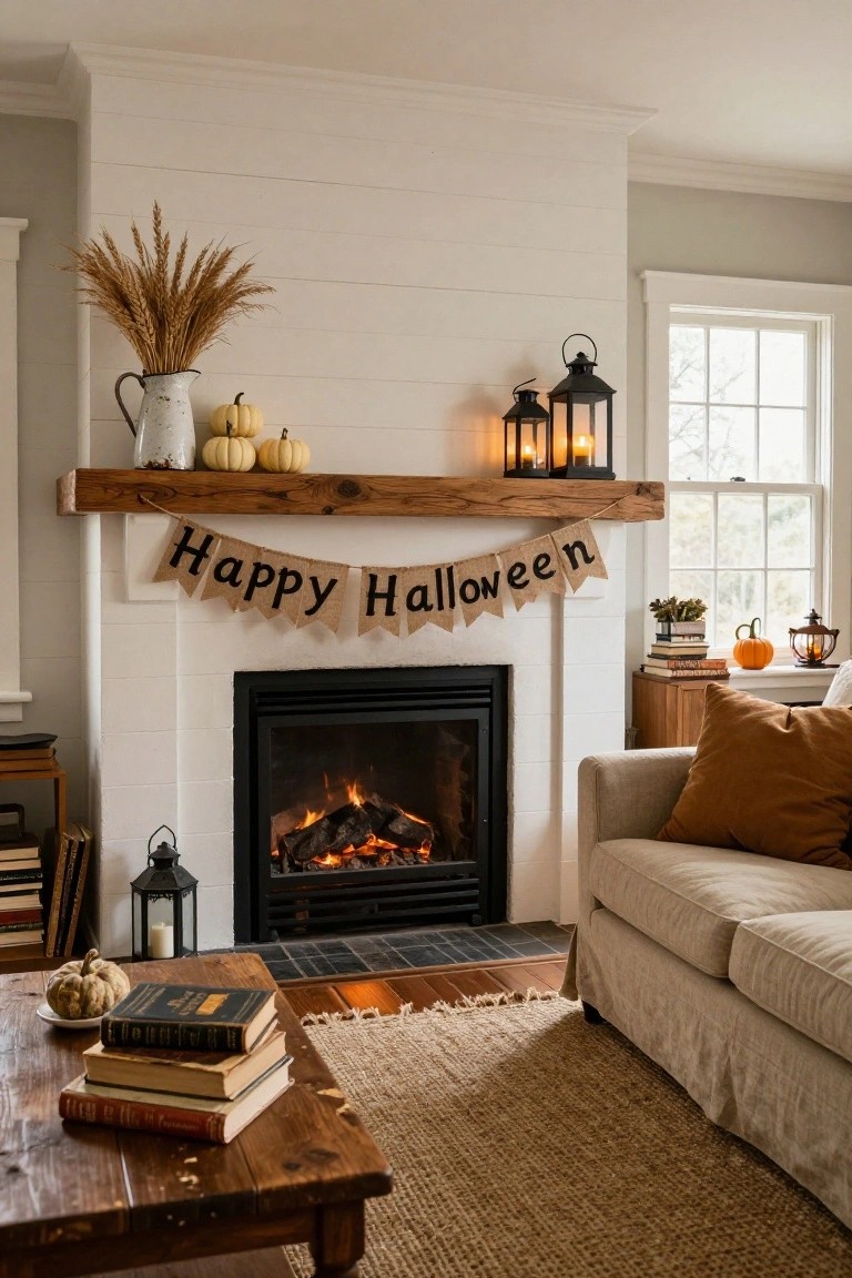 Living room with shiplap fireplace wall, wooden mantel holding burlap Happy Halloween banner, white mini pumpkins, wheat in metal pitcher, and black lanterns; beige sofa, wooden coffee table with books and pumpkin, seagrass rug nearby.