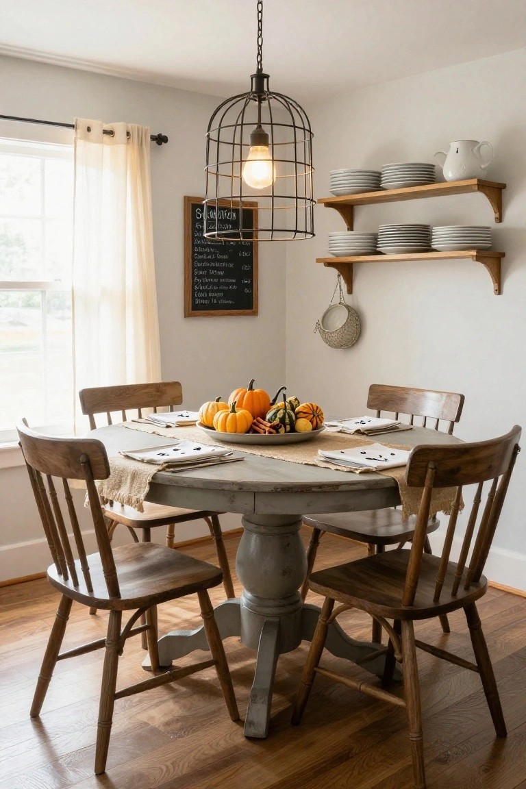 Round gray pedestal dining table in a light gray room with burlap runner and white bowl of assorted orange and green pumpkins as centerpiece, wooden chairs, white plates on wooden shelves, caged pendant light overhead.