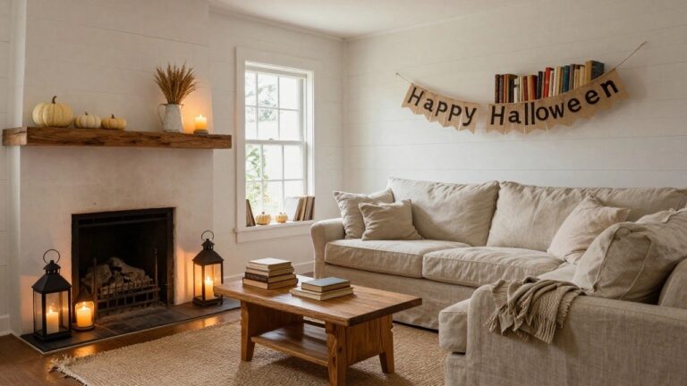 Living room with shiplap fireplace wall, wooden mantel holding burlap Happy Halloween banner, white mini pumpkins, wheat in metal pitcher, and black lanterns; beige sofa, wooden coffee table with books and pumpkin, seagrass rug nearby.