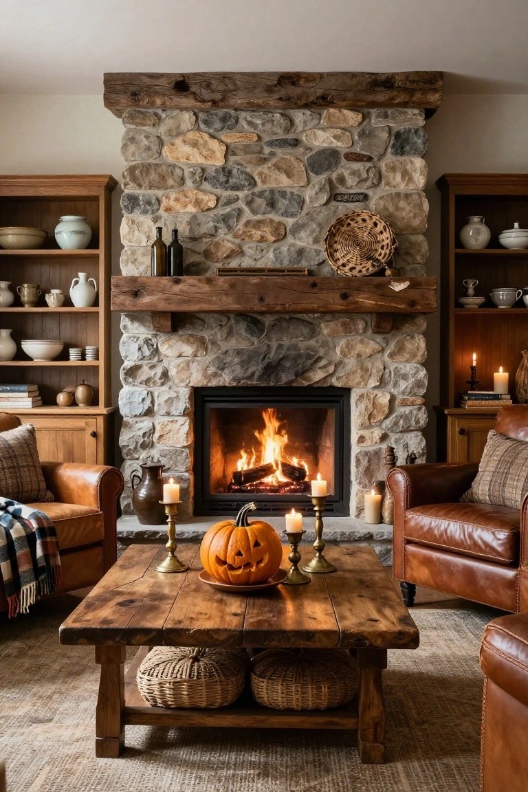 Living room interior with rustic stacked stone fireplace and wooden beam mantel, wooden coffee table holding carved pumpkin and candles, leather armchairs with plaid throws, bookshelves, and Halloween accents.