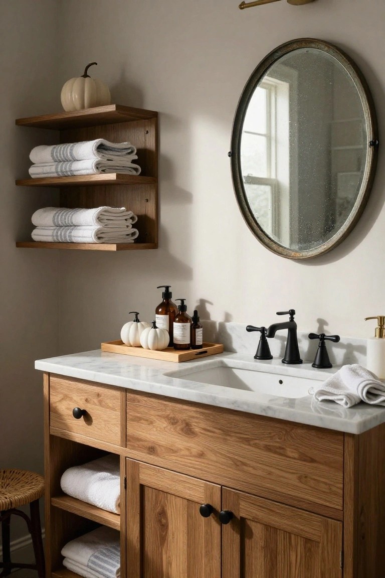 Farmhouse bathroom with oak open shelves holding folded white and striped towels and a pumpkin, wooden vanity with marble top and black faucet, round antique mirror, and small white pumpkins on a tray near soap bottles.