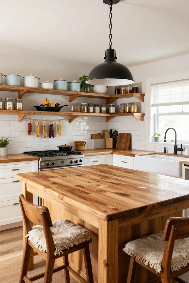Farmhouse kitchen with open wooden shelves holding enamelware pots, glass jars of spices, small pumpkins, and hanging dried corn cobs, wooden island with stools, white cabinets, stainless steel range, and farmhouse sink.