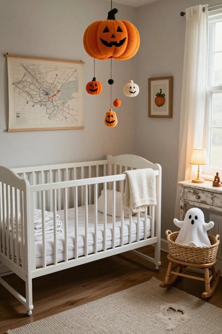 Light gray nursery room with white crib holding blankets, large plush orange pumpkin mobile hanging from ceiling with smaller pumpkins and white ghost, wicker basket holding white ghost plush next to wooden rocking chair and dresser.