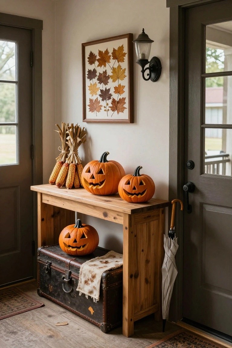 Wooden console table in an entryway corner displaying three carved orange pumpkins and corn bundles on top, with cornstalks beside it, a vintage black trunk with a pumpkin below, gray doors, wall lantern, leaf art, and white umbrella nearby.