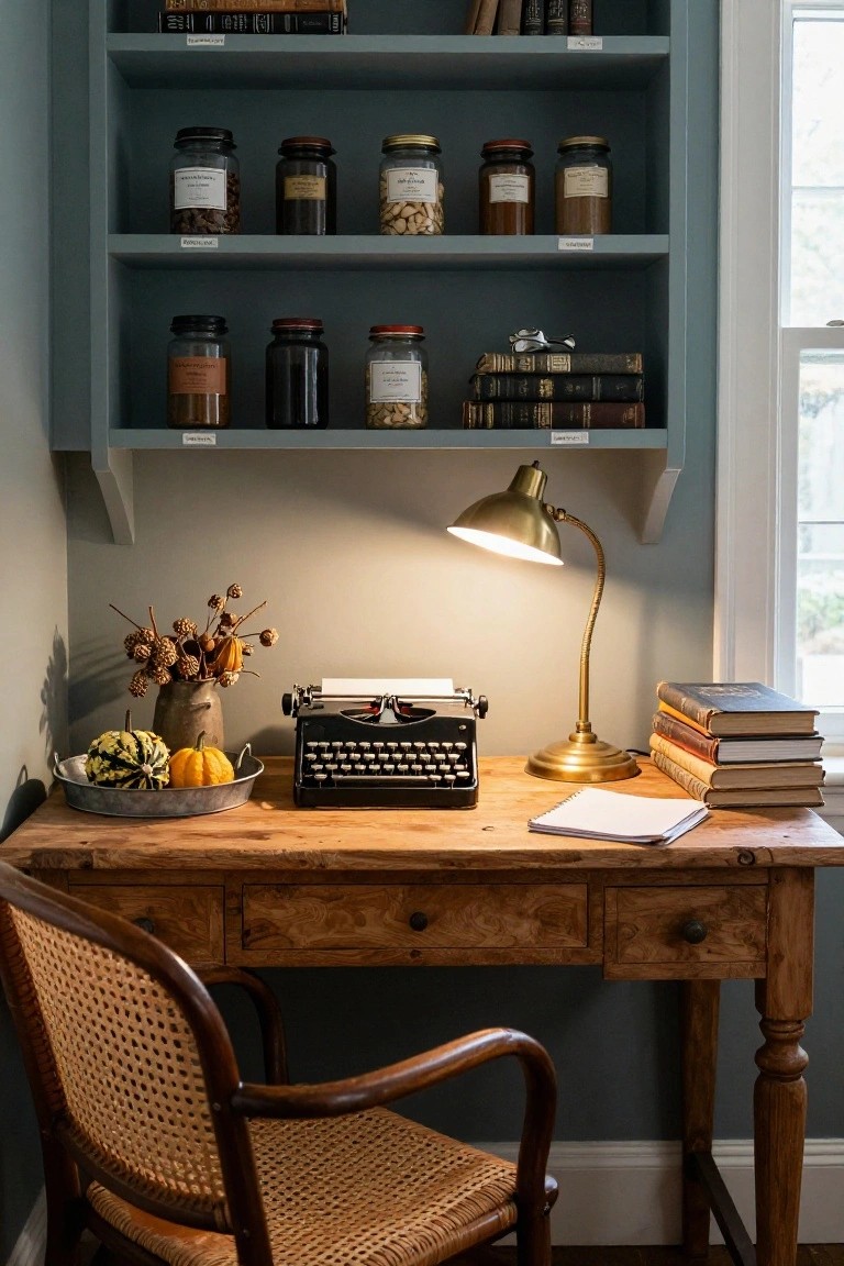 Wooden desk with black vintage typewriter, brass gooseneck lamp, stack of old books, open notebook, and metal tray holding small pumpkins and squash, beside teal shelves filled with labeled glass jars and dried flowers in a cozy interior room.