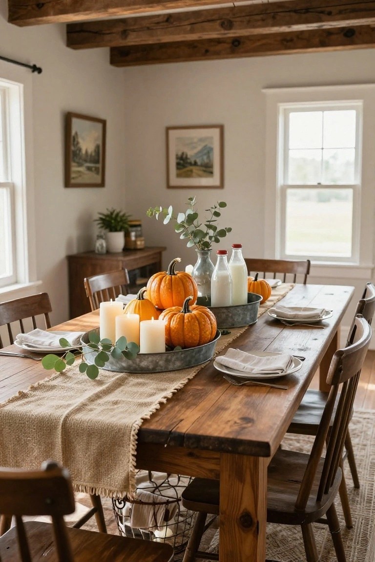 Rustic wooden dining table with Halloween centerpiece of pumpkins, white candles, and eucalyptus in a galvanized metal tray, flanked by milk bottles and set with white plates and linen napkins on a burlap runner, wooden chairs around it in a white-walled room with beam ceiling.