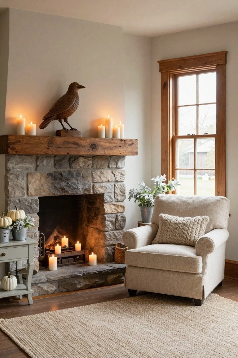 Corner of a light-walled room featuring a stone fireplace with rustic wooden mantel holding a carved wooden raven statue flanked by white candles, small white pumpkins on a side table, beige armchair with throw pillow nearby, and beige rug on wood floor.