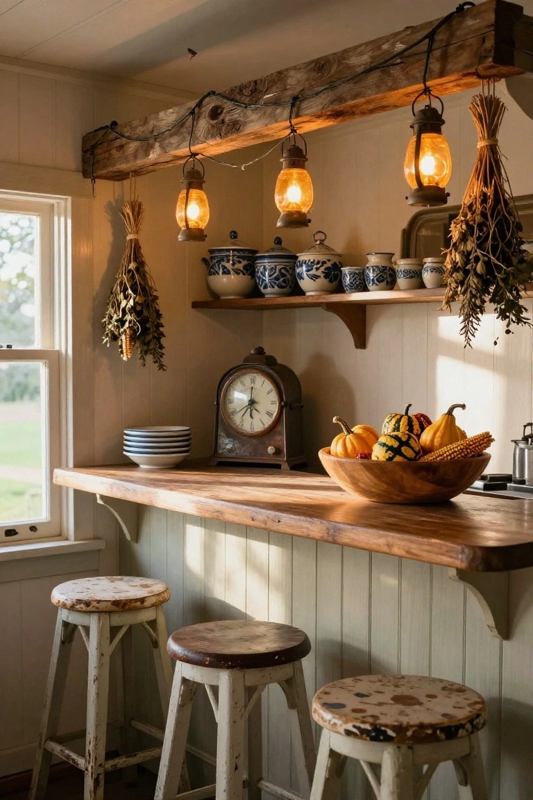 Rustic farmhouse kitchen with beamed ceiling, hanging lanterns, open shelves holding blue and white pottery and dried herbs, antique clock, stacked blue plates, wooden bowl of pumpkins corn and squash on wooden countertop, and white stools.