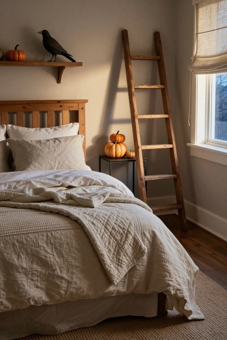 Bedroom corner with wooden bed frame and beige linens, tall wooden ladder leaning nearby, black metal table holding three small pumpkins, wall shelf with black crow and orange pumpkin, linen window shade, and hardwood floor.