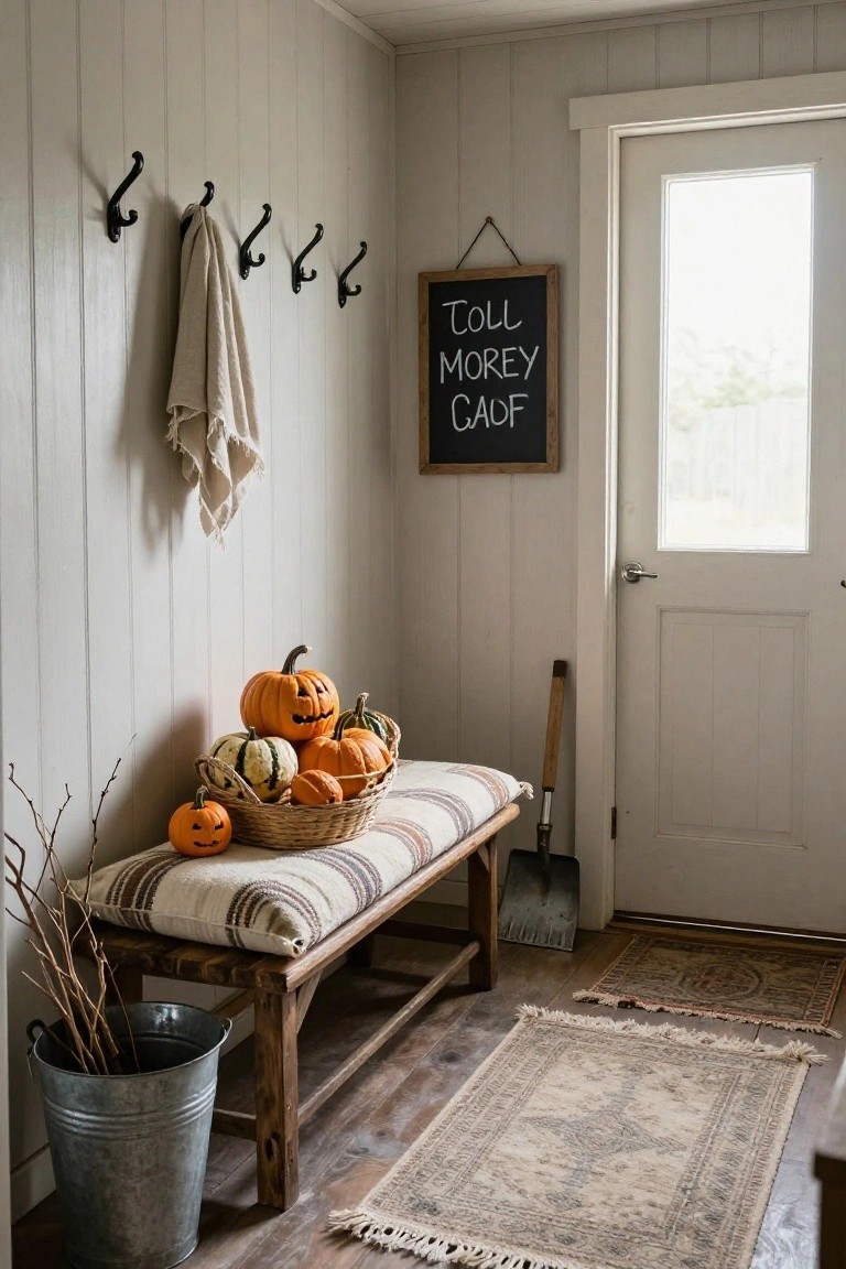 Gray shiplap-walled mudroom with black coat hooks and a draped linen towel, chalkboard sign reading 