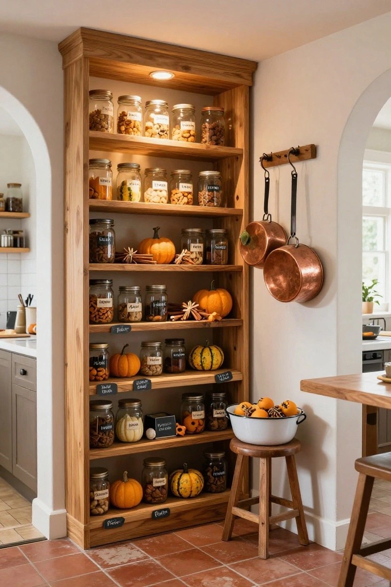 Tall wooden shelving unit in a white kitchen filled with labeled glass jars of nuts, spices, and small pumpkins, copper pots hanging on hooks nearby, and a wooden stool at the base.