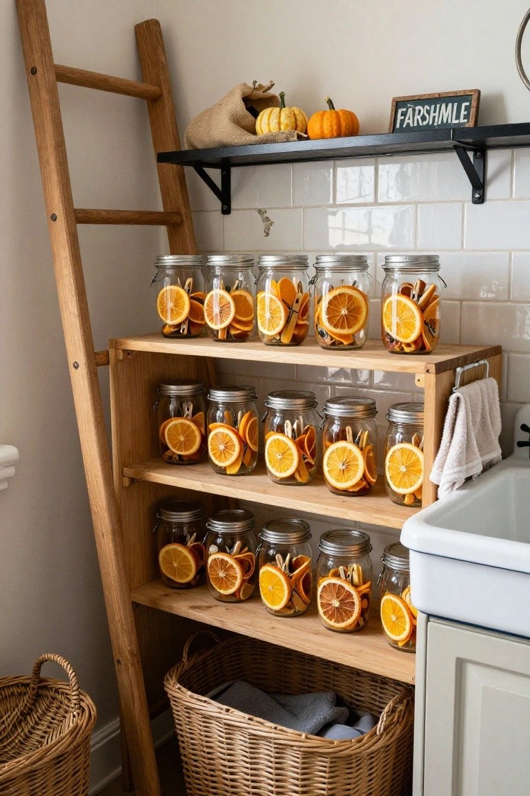 Wooden ladder shelf in a white-tiled kitchen area displaying multiple mason jars filled with dried orange slices, cloves, and spices, pumpkins on upper black shelves above a white sink, with wicker baskets below.
