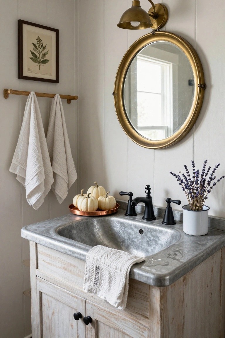 Rustic farmhouse bathroom with white shiplap walls, galvanized metal sink on white wooden vanity, black bridge faucet, round brass mirror, white towels on wooden towel bar, white pumpkins on copper tray, and lavender in metal container.