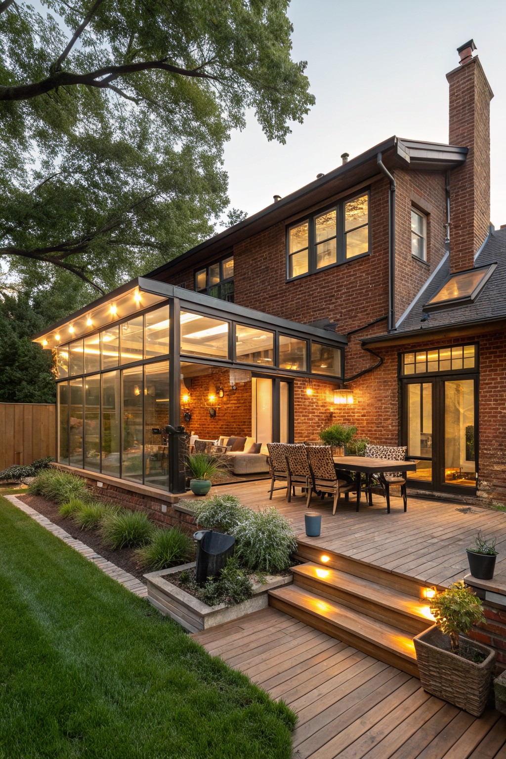 Rear exterior of a two-story red brick house with a glass-walled conservatory extension, wooden deck featuring a dining table with leopard-print chairs, landscaped beds with plants, and warm lighting at twilight.