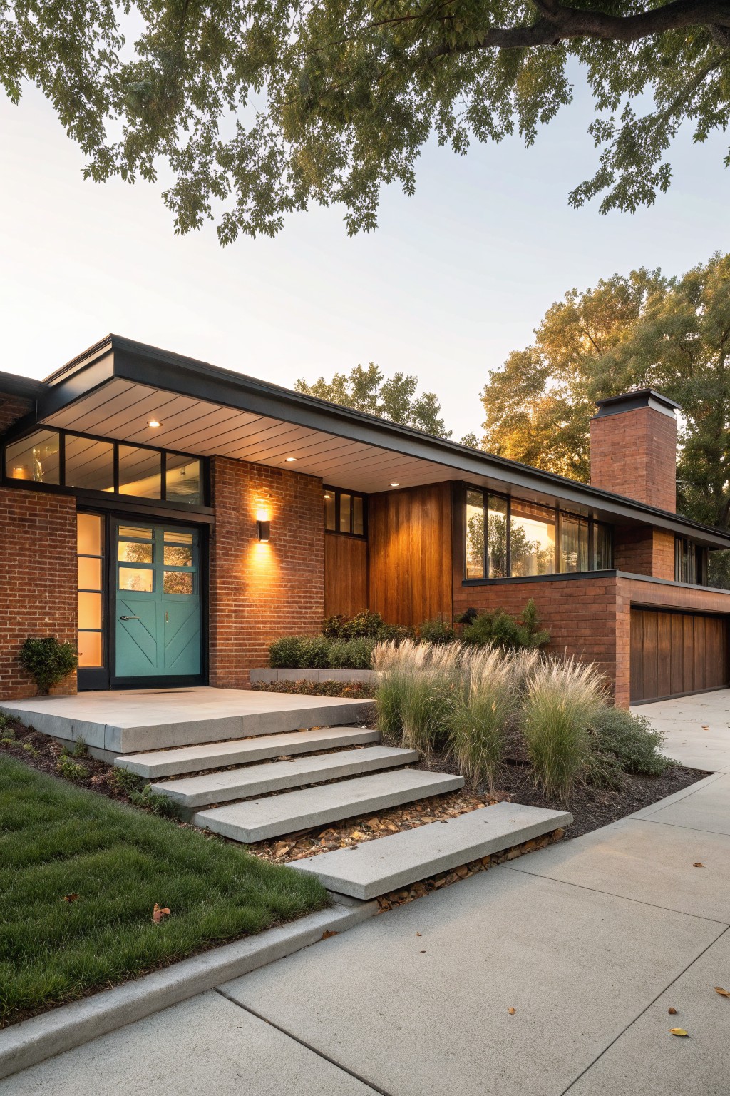 Red brick ranch house exterior featuring a black cantilevered roof over the turquoise front door, wood siding accents, large windows, brick chimney, attached garage, concrete steps, ornamental grasses, and trees at dusk.