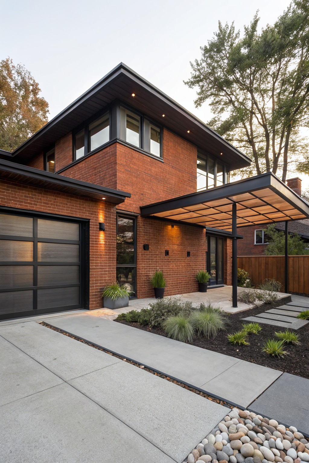 Red brick house exterior with black-framed windows and garage door, cantilevered wood-slatted canopy over entry, concrete driveway, steps, plants, and gravel accents.
