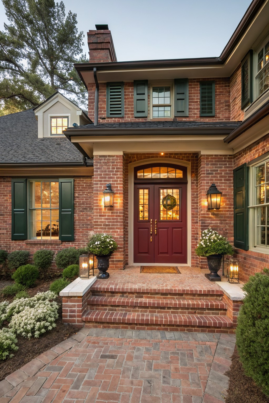 Red brick house exterior with green shutters, arched transom over red double front doors with holiday wreath, flanked by black lanterns and potted plants on brick steps leading to a brick pathway.