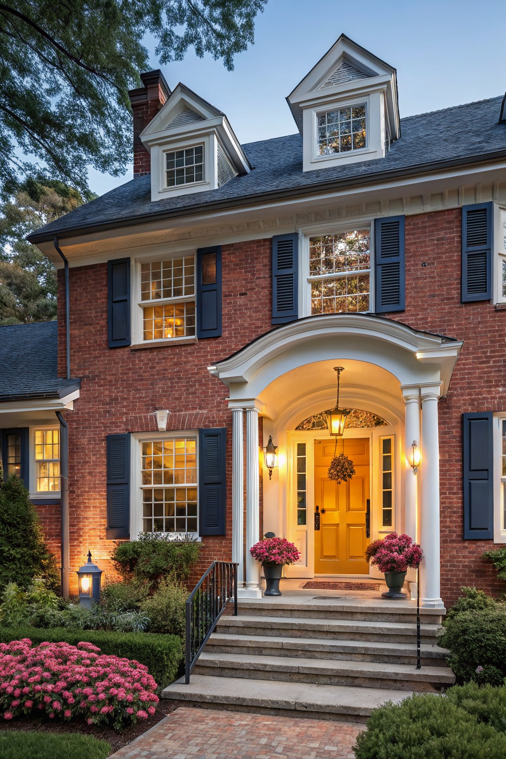 Red brick two-story house with white dormers and trim, navy blue shutters, arched white portico supported by columns framing a yellow front door, potted flowers on porch, stone steps, brick path, and landscaping at dusk.