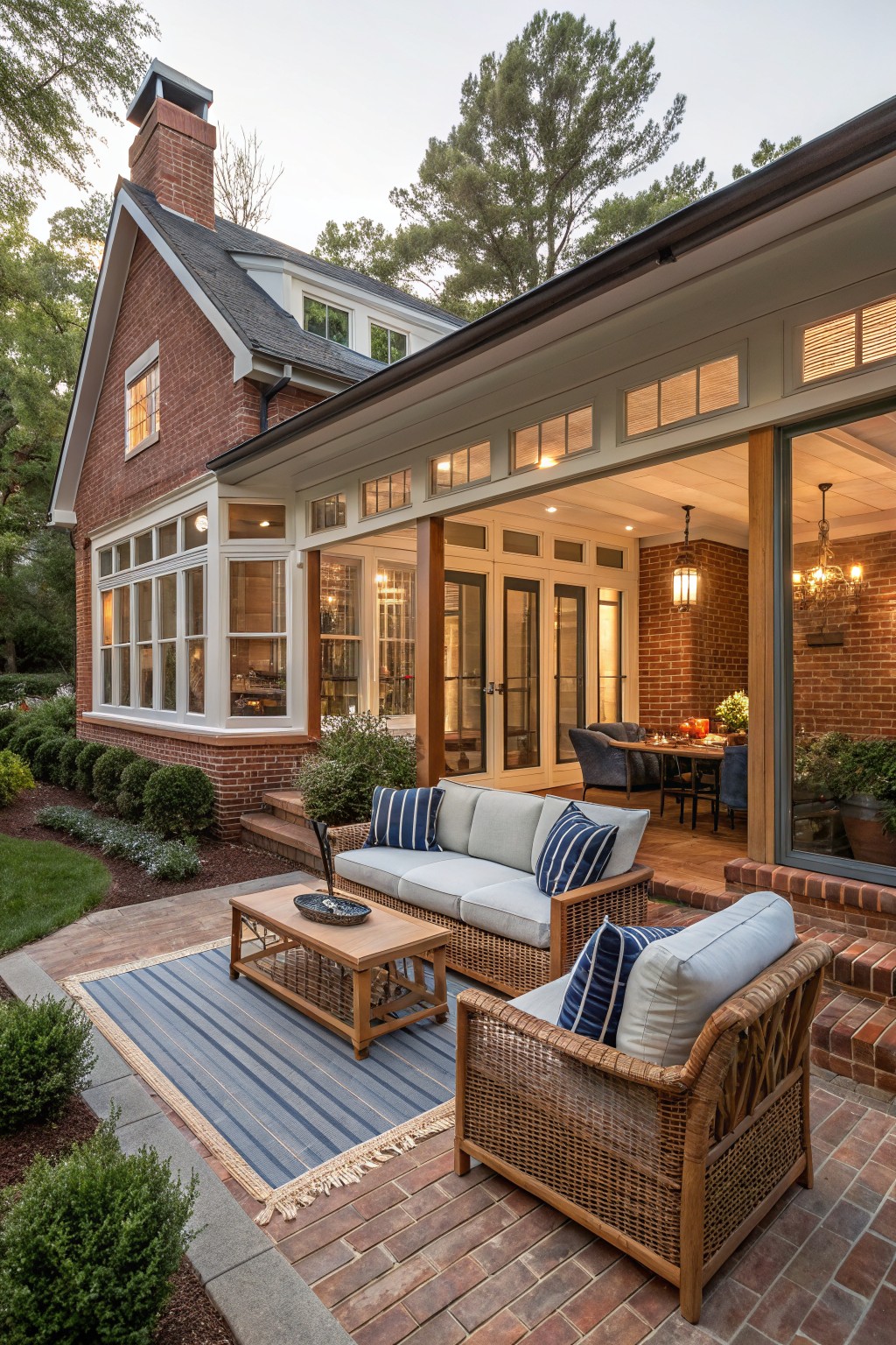 Red brick house with white-trimmed glass sunroom and French doors opening to brick patio with white sofa, blue pillows, wicker chairs, wood coffee table, striped rug, and potted plants.