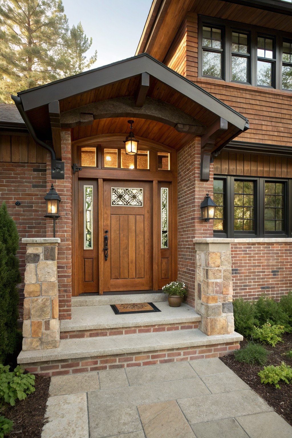 Red brick house entrance with wooden front door featuring sidelights and transom window, under a gabled wooden porch with exposed beams, flanked by stone pillars, lanterns, and low plants.