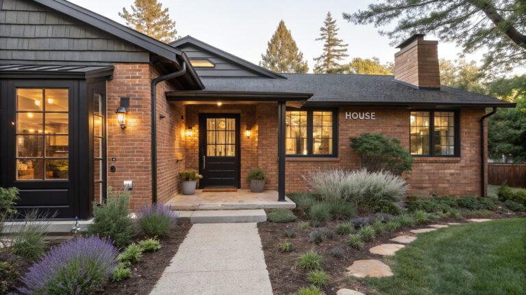 Red brick ranch house exterior featuring wood shake siding on gables, black-framed windows and doors, stone pillars supporting the entry porch, lanterns, and landscaped pathway leading to the front steps.