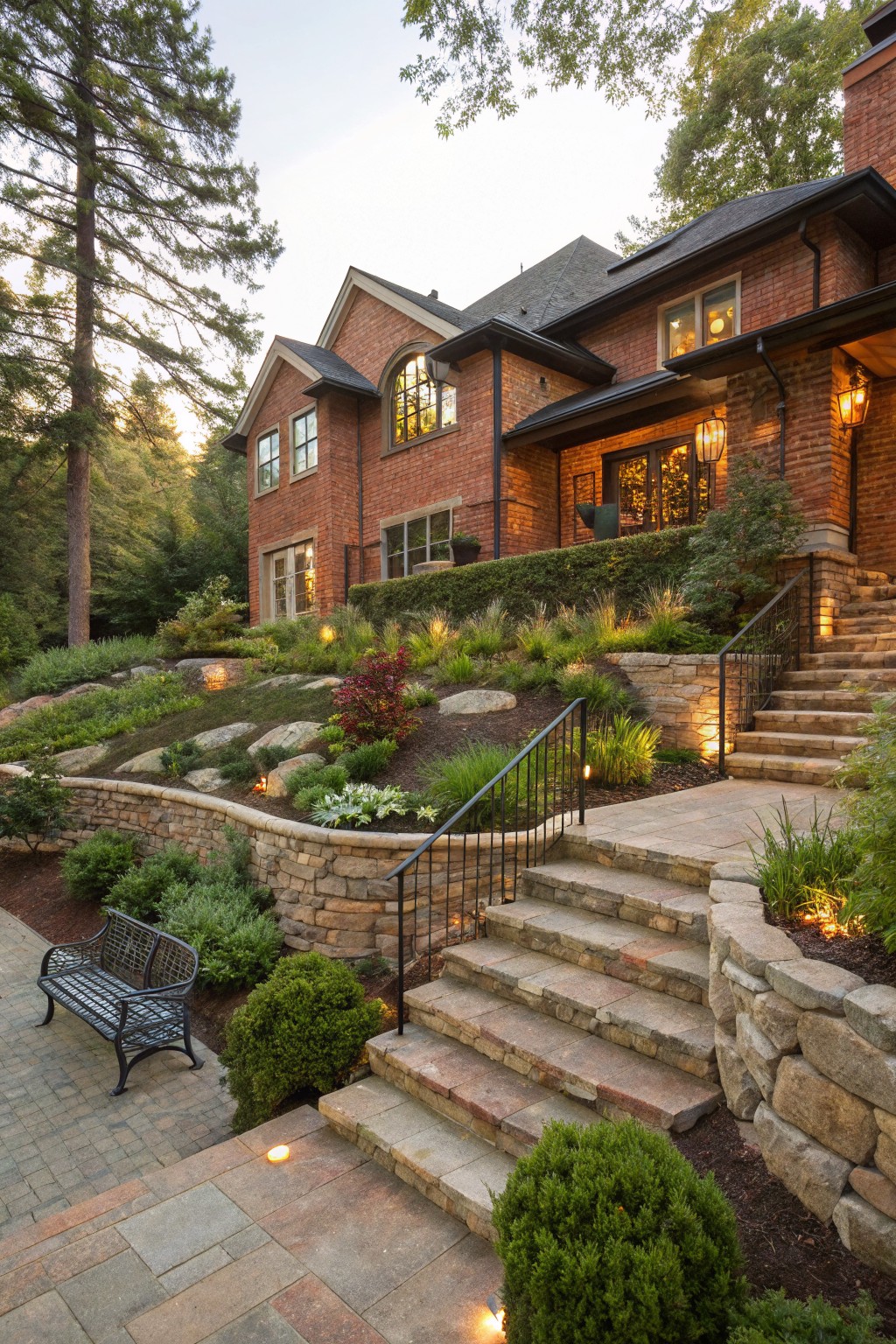 Red brick house on a wooded slope accessed by multiple flights of stone steps with black metal railings and retaining walls, landscaped with grasses, shrubs, rocks, and plants, plus a metal bench on a paved area below and landscape lighting.