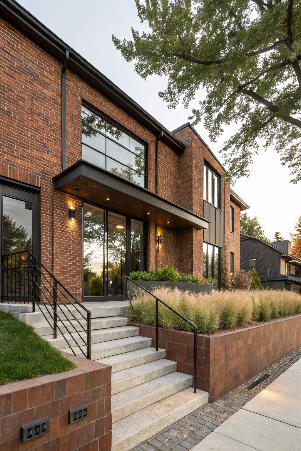 Red brick house exterior featuring a black metal cantilevered canopy over large glass entry doors, concrete steps with black metal railings, brick retaining walls with ornamental grasses, and large windows.