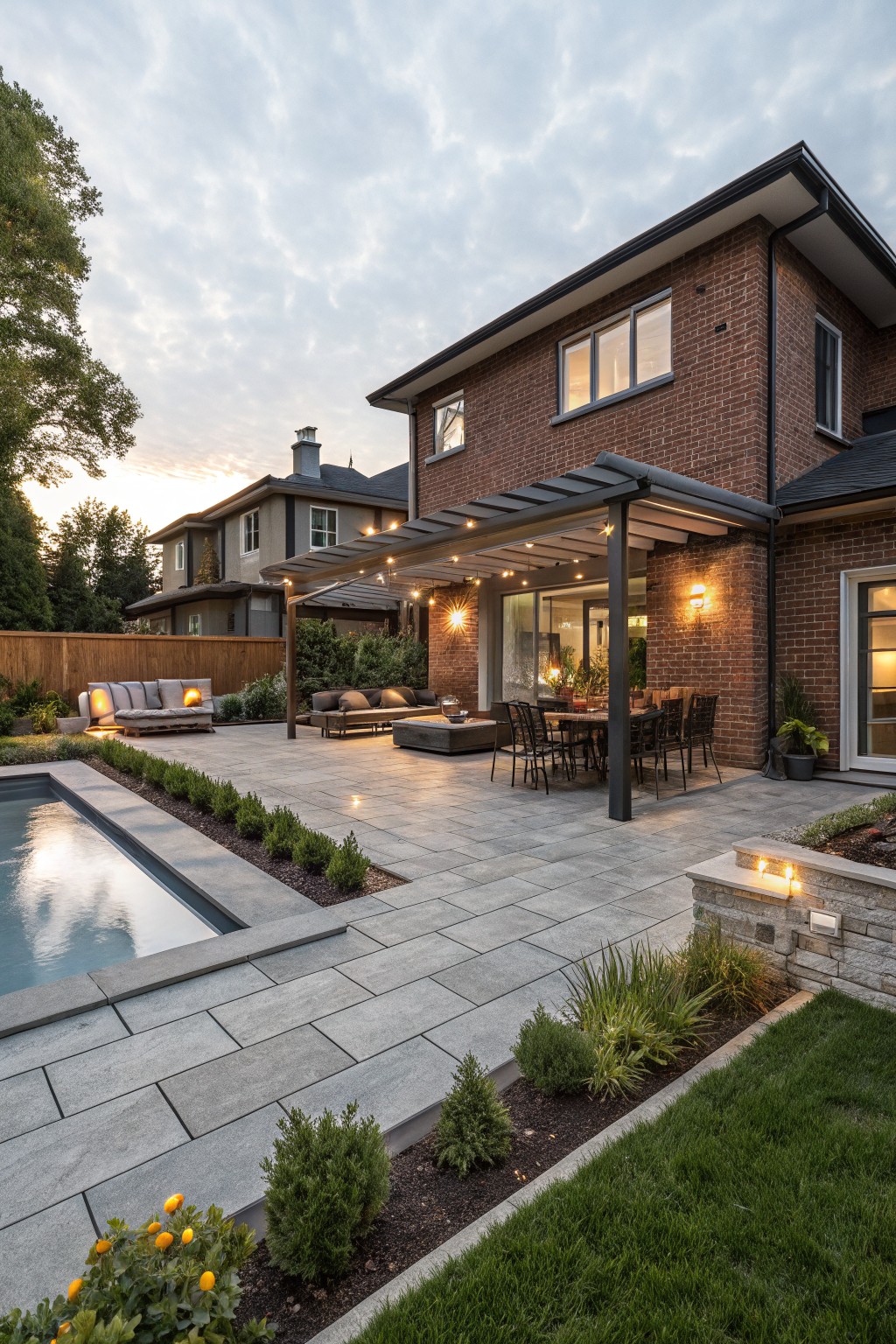 Red brick house with metal pergola over a patio featuring lounge seating, dining table with chairs, string lights, and an adjacent rectangular pool edged with plants and gray pavers.
