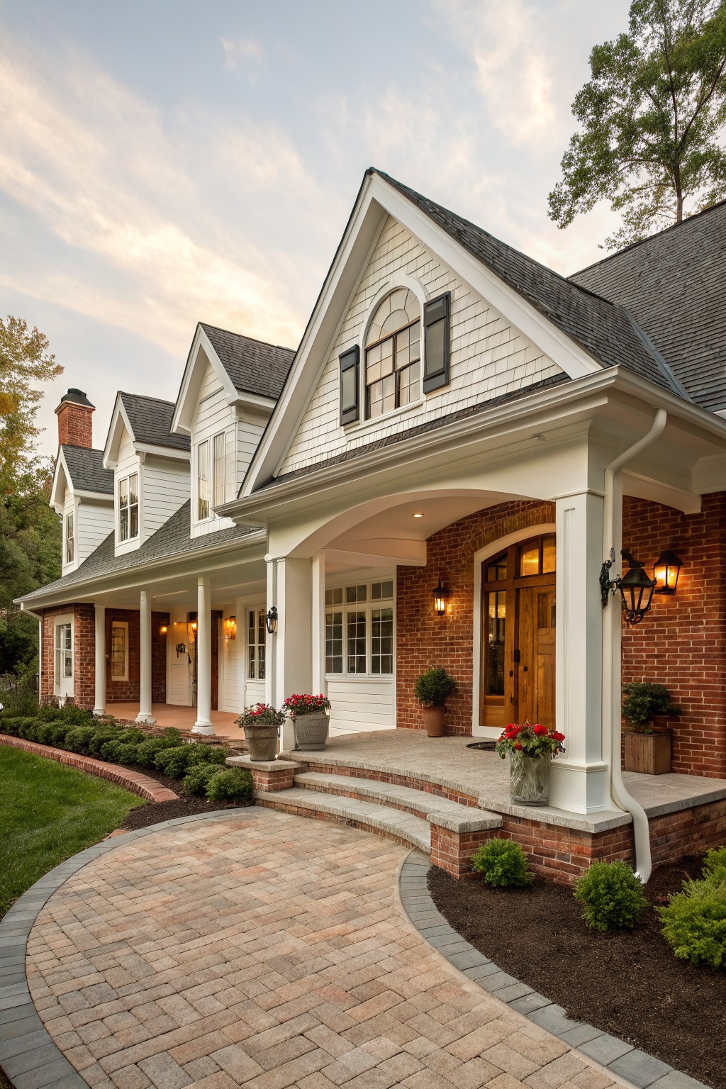 White shingle-clad house with gabled roofs and red brick base, featuring a covered front porch with columns, arched entry, lanterns, potted plants, and curved paver walkway.