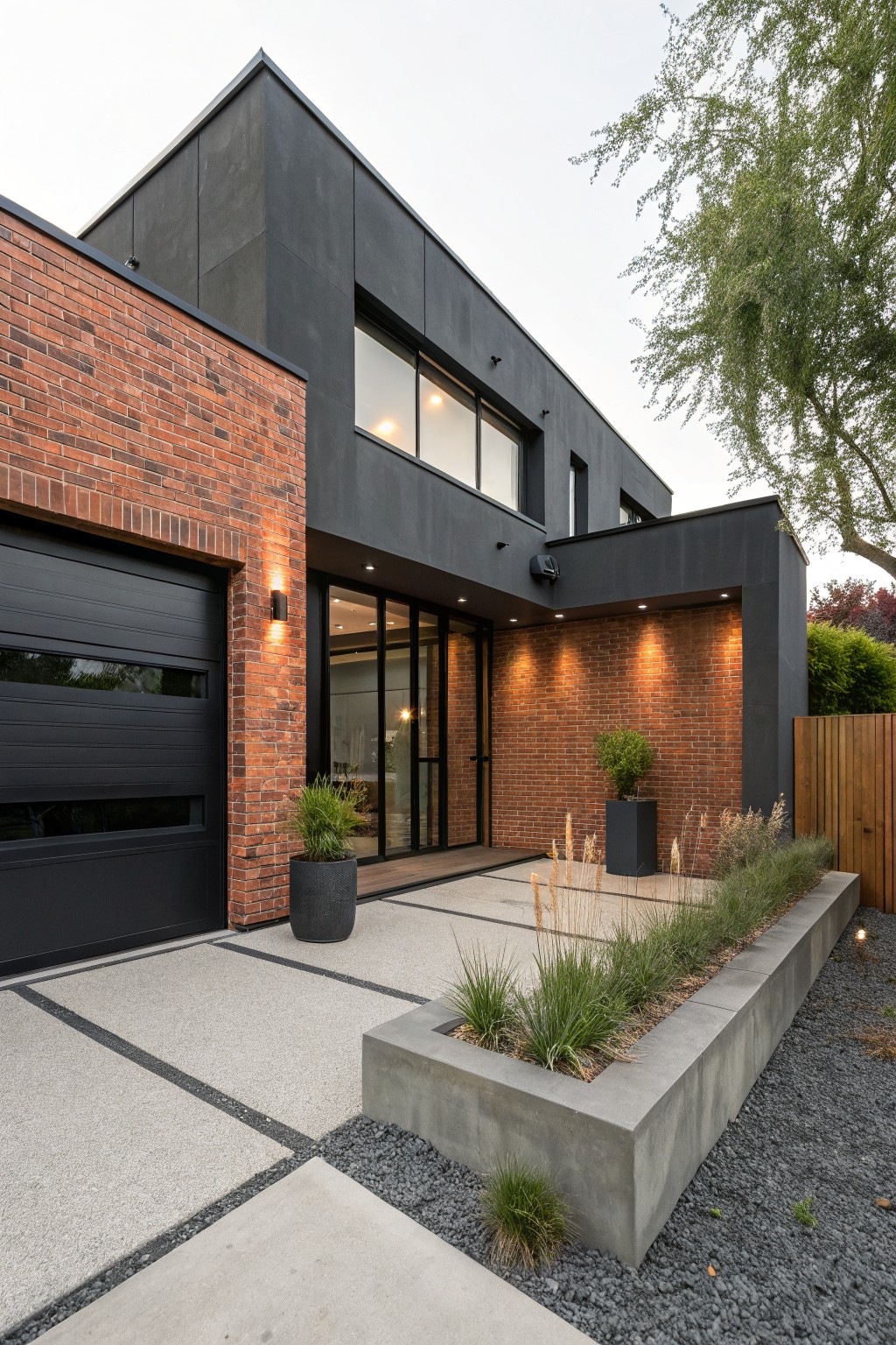 Modern ranch house exterior with red brick lower walls and garage, black cladding on upper sections, glass entry door, concrete pathway, and ornamental grasses in raised beds.