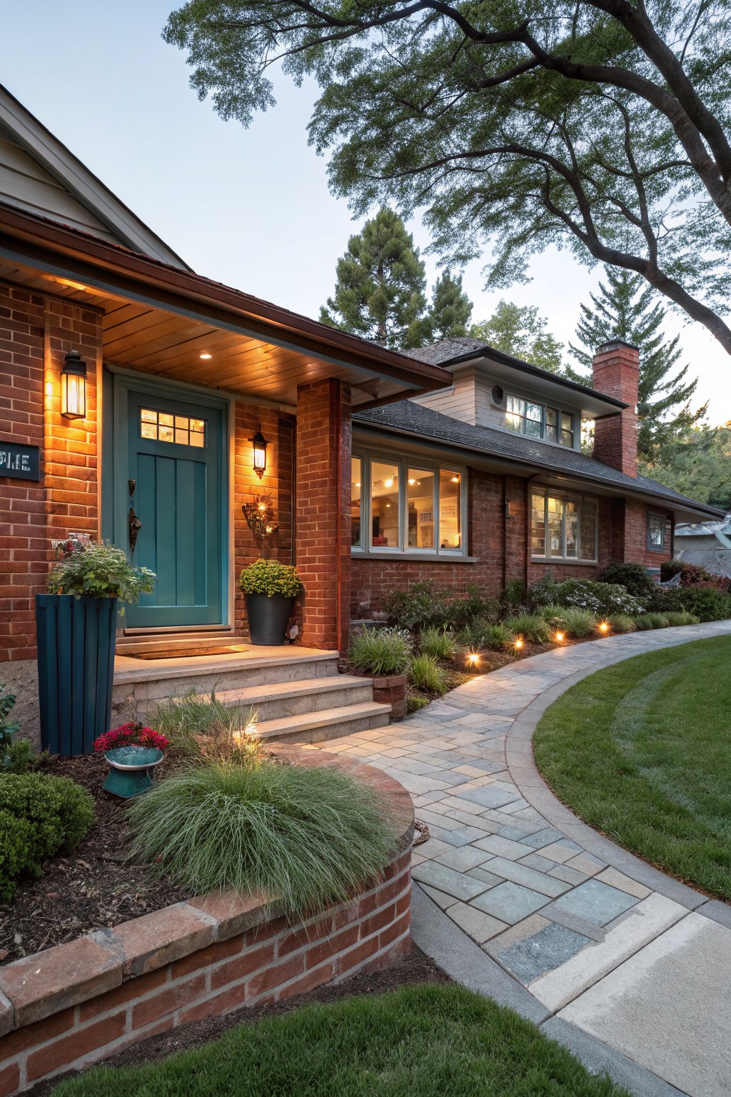 Red brick ranch house exterior featuring a turquoise front door under a wooden covered porch with lanterns, brick walls, potted plants, curved paver pathway with ground lights, and surrounding landscaping at dusk.