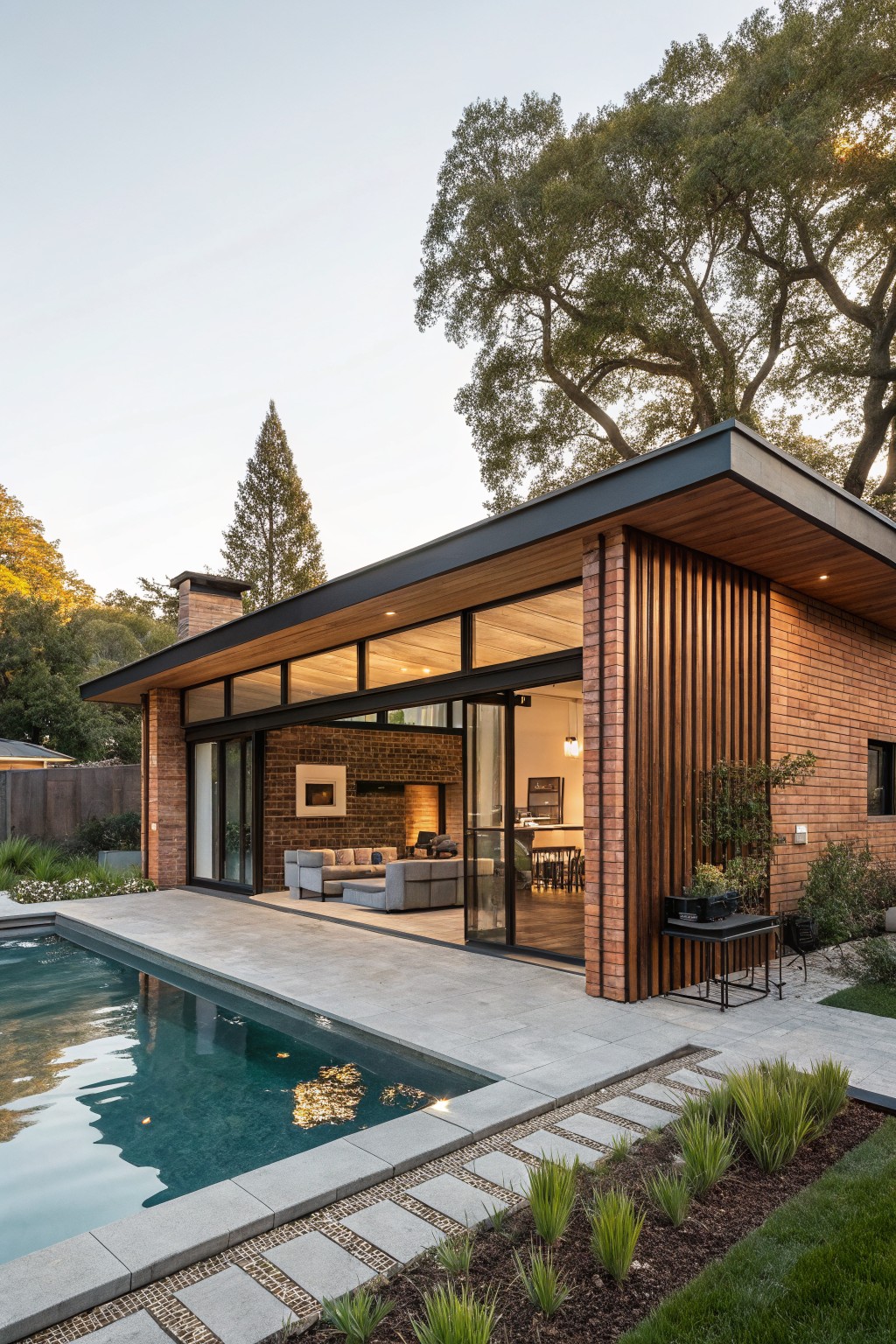 Red brick ranch house exterior with vertical wood slats on one corner, black metal roof overhang, large sliding glass doors opening to a pool deck with pavers, plants, and surrounding trees.